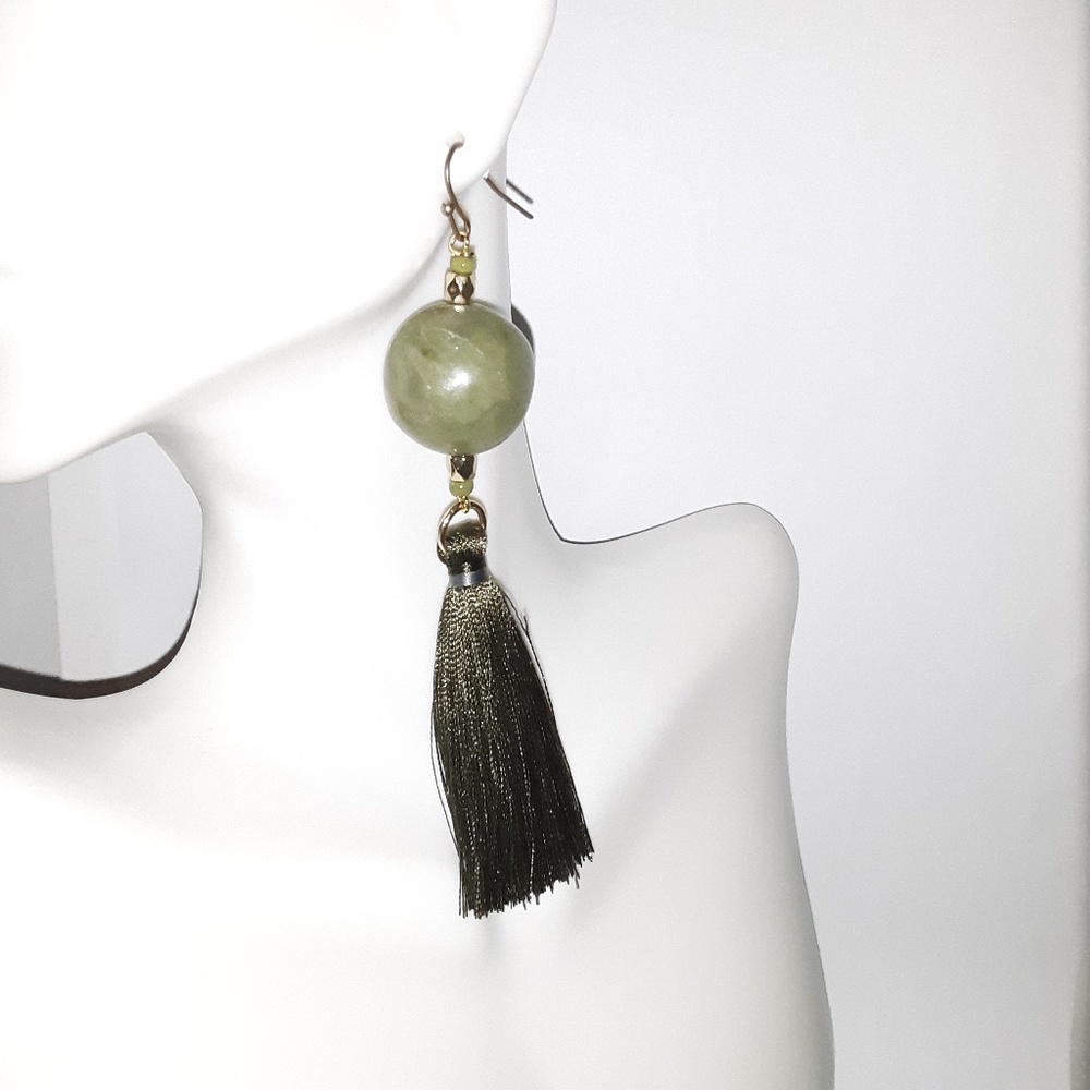 Earrings Handmade with Green Gemstone & Tassel